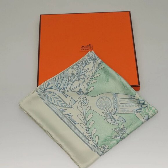 HERMES Carre 90 Scarf ""Les chants du Henne"" Silk Peppermint Auth am8731 - Picture 1 of 15